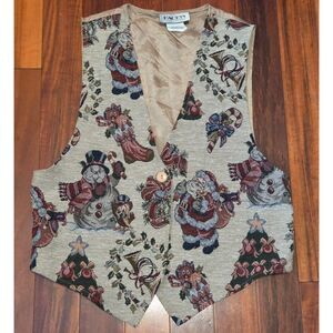 Vintage 80s 90s Tapestry Holiday Design M Brown Vest Santa Christmas
